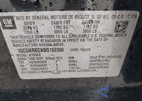 2016 Chevrolet Silverado 1500 2Lt z USA, uszkodzony, nr VIN 3GCUKRECXGG152098